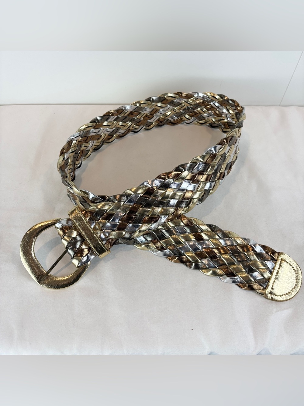 Vintage Metallic Braided Faux Leather Woven Belt Gold Silver Bronze 80s Wide